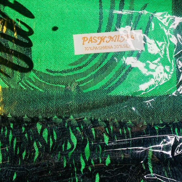 Green Pashmina Scarf With Black Rose Print - Picture 2 of 8